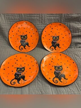 Set of 4 Eli + Ana Retro Yesteryears Black Cat 11" Dinner Plate HALLOWEEN